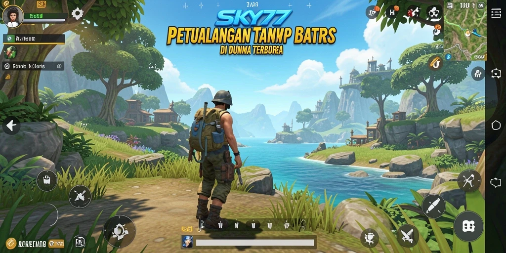 Screenshot gameplay SKY77 menampilkan eksplorasi dunia terbuka yang memukau.